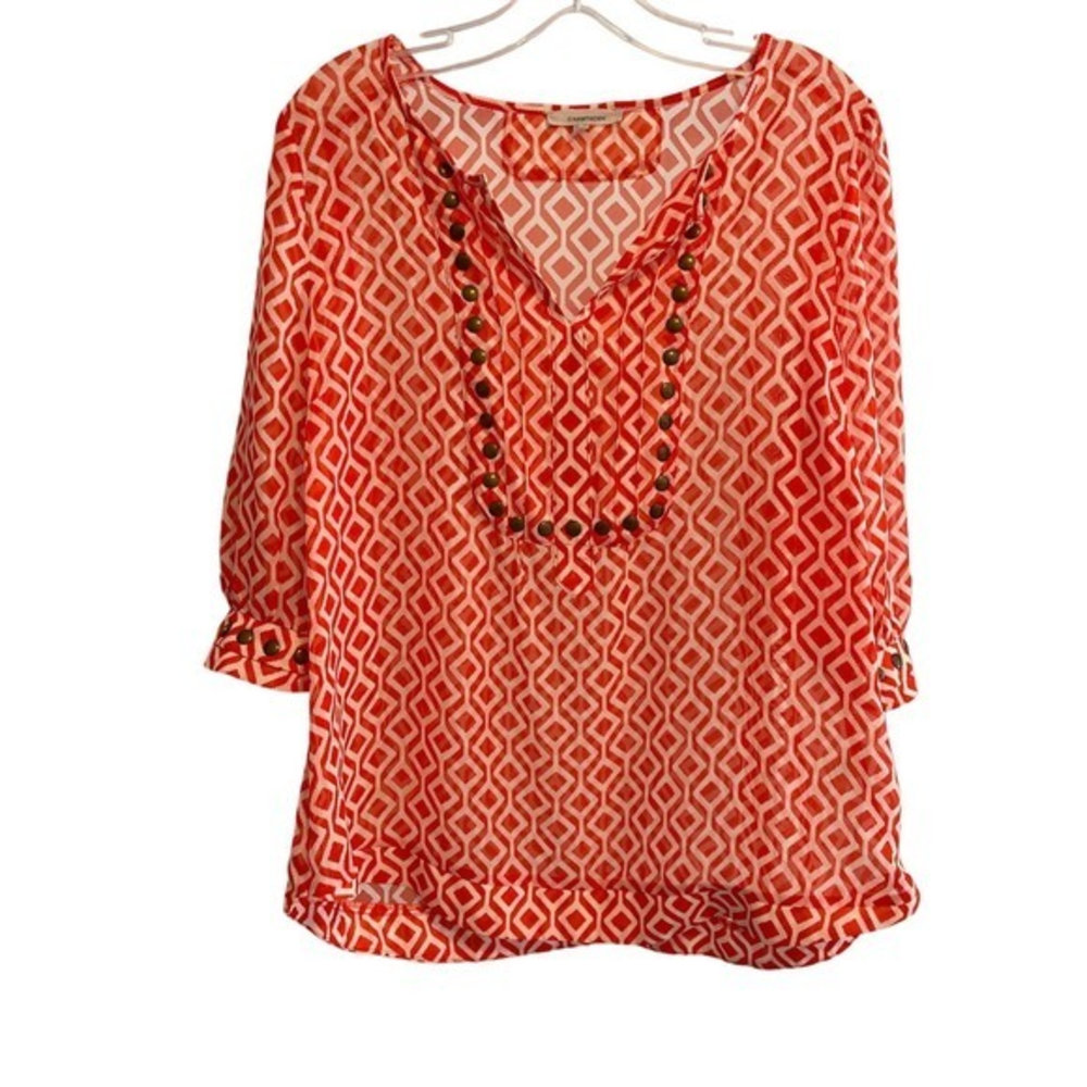Hawthorne‎ Orange & White Sheer Top with Metal Detailing Large Preowned